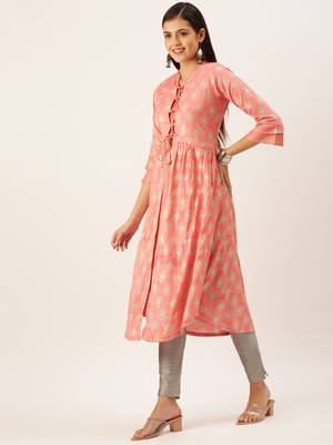 women's calf length mandarin collar peach ethnic motifs a-line kurta 3