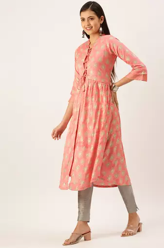 women's calf length mandarin collar peach ethnic motifs a-line kurta