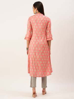 women's calf length mandarin collar peach ethnic motifs a-line kurta 4