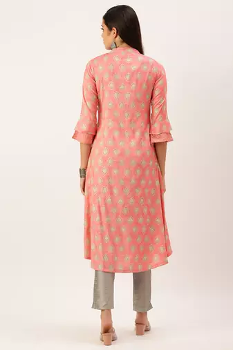 women's calf length mandarin collar peach ethnic motifs a-line kurta
