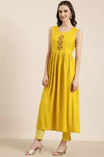 women's ankle length round neck lime green solid anarkali kurta