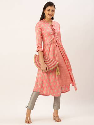 women's calf length mandarin collar peach ethnic motifs a-line kurta 5