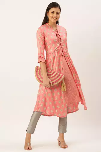 women's calf length mandarin collar peach ethnic motifs a-line kurta