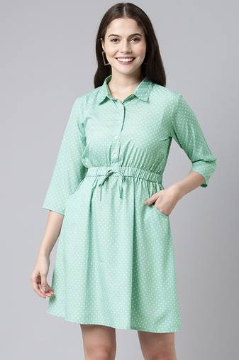 green  white fit and flare dress with waist tie-ups