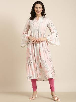 women's calf length mandarin collar white abstract a-line kurta 2