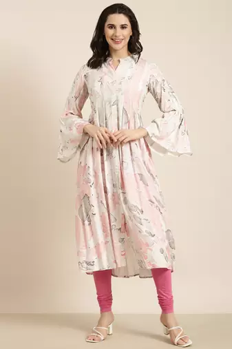 women's calf length mandarin collar white abstract a-line kurta