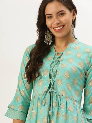 women's calf length mandarin collar turquoise blue ethnic motifs a-line kurta 1