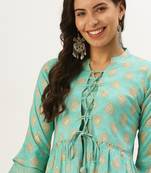 women's calf length mandarin collar turquoise blue ethnic motifs a-line kurta