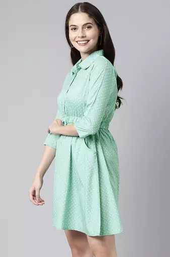green  white fit and flare dress with waist tie-ups