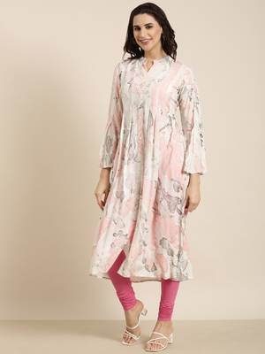 women's calf length mandarin collar white abstract a-line kurta 3