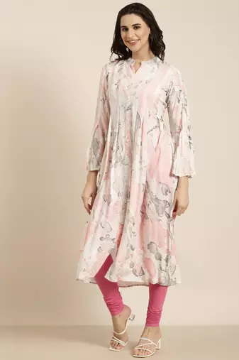 women's calf length mandarin collar white abstract a-line kurta