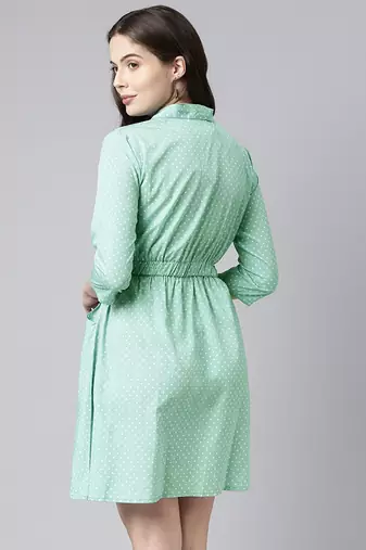 green  white fit and flare dress with waist tie-ups