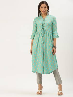 women's calf length mandarin collar turquoise blue ethnic motifs a-line kurta 2