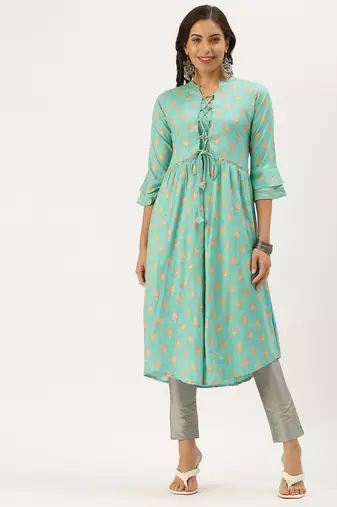 women's calf length mandarin collar turquoise blue ethnic motifs a-line kurta