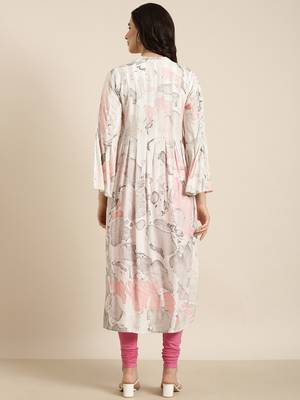 women's calf length mandarin collar white abstract a-line kurta 4