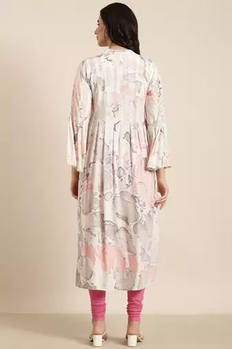 women's calf length mandarin collar white abstract a-line kurta
