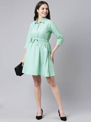 green  white fit and flare dress with waist tie-ups 5