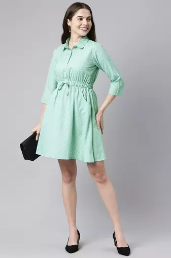green  white fit and flare dress with waist tie-ups