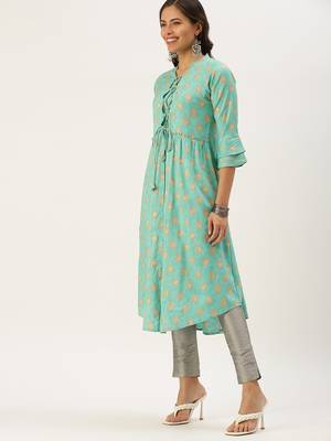 women's calf length mandarin collar turquoise blue ethnic motifs a-line kurta 3