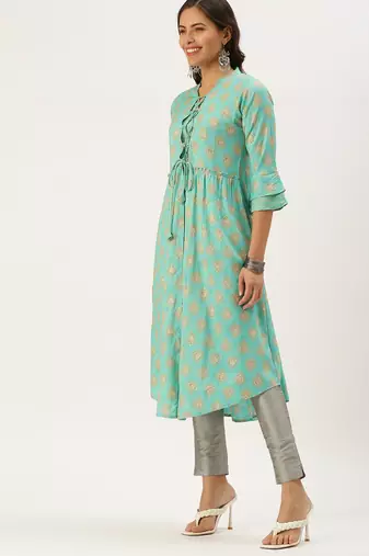 women's calf length mandarin collar turquoise blue ethnic motifs a-line kurta