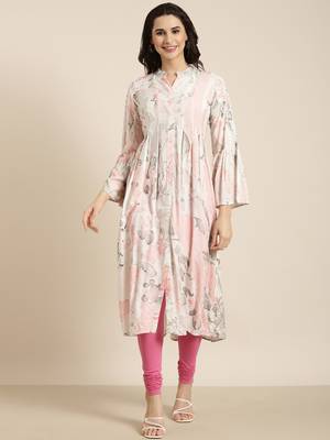 women's calf length mandarin collar white abstract a-line kurta 5