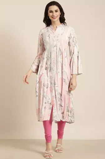 women's calf length mandarin collar white abstract a-line kurta