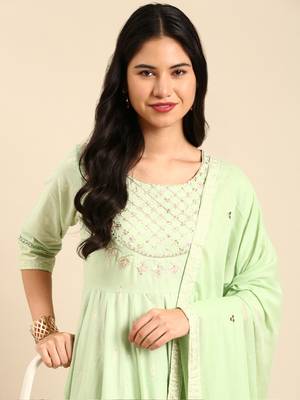 women's ankle length round neck green ethnic motifs anarkali kurta comes with duppatta 1
