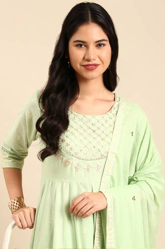 women's ankle length round neck green ethnic motifs anarkali kurta comes with duppatta