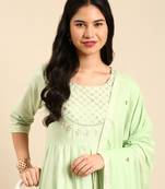 women's ankle length round neck green ethnic motifs anarkali kurta comes with duppatta