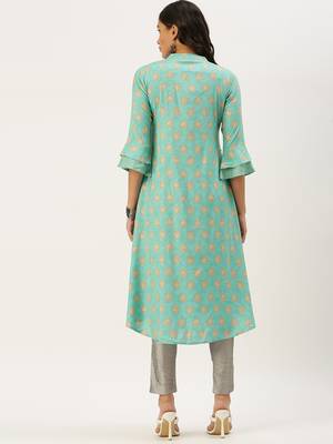 women's calf length mandarin collar turquoise blue ethnic motifs a-line kurta 4