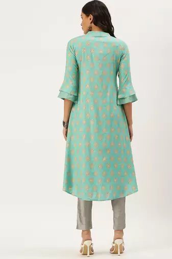 women's calf length mandarin collar turquoise blue ethnic motifs a-line kurta