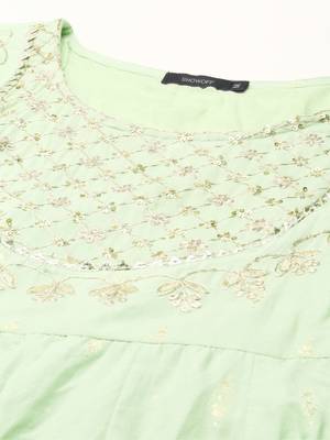 women's ankle length round neck green ethnic motifs anarkali kurta comes with duppatta 2