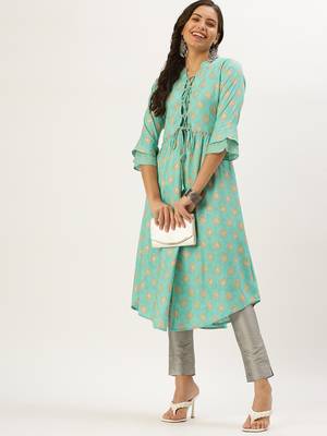 women's calf length mandarin collar turquoise blue ethnic motifs a-line kurta 5