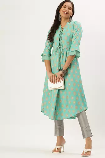 women's calf length mandarin collar turquoise blue ethnic motifs a-line kurta