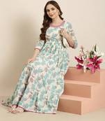 women's ankle length round neck turquoise blue floral anarkali kurta