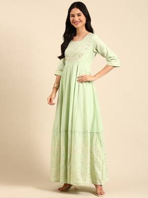 women's ankle length round neck green ethnic motifs anarkali kurta comes with duppatta 4
