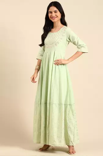women's ankle length round neck green ethnic motifs anarkali kurta comes with duppatta
