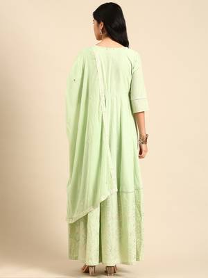 women's ankle length round neck green ethnic motifs anarkali kurta comes with duppatta 5