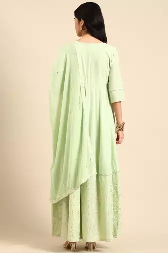 women's ankle length round neck green ethnic motifs anarkali kurta comes with duppatta