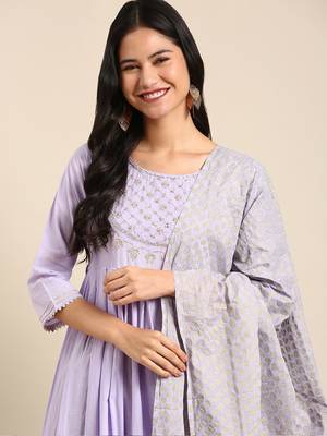 women's ankle length round neck lavender solid anarkali kurta comes with duppatta 1