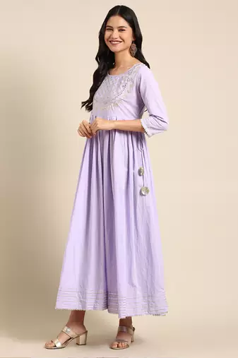 women's ankle length round neck lavender solid anarkali kurta comes with duppatta
