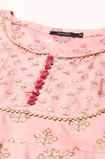 women's ankle length round neck peach floral anarkali kurta comes with duppatta