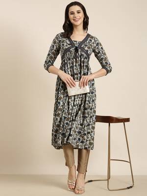 women's calf length v-neck navy blue floral anarkali kurta 1