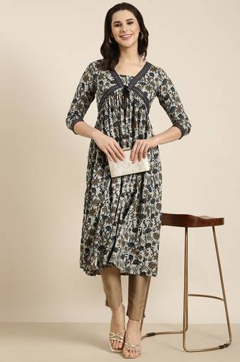 women's calf length v-neck navy blue floral anarkali kurta