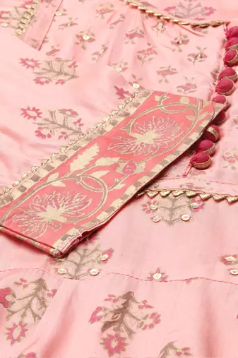 women's ankle length round neck peach floral anarkali kurta comes with duppatta