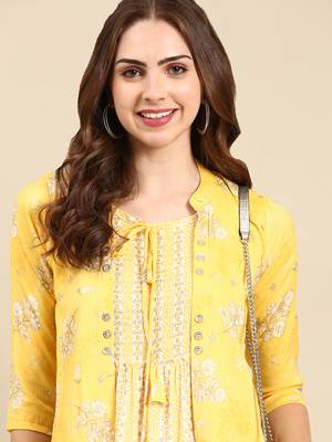 Showoff women's knee length mandarin collar yellow ethnic motifs anarkali kurta 1