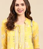 Showoff women's knee length mandarin collar yellow ethnic motifs anarkali kurta