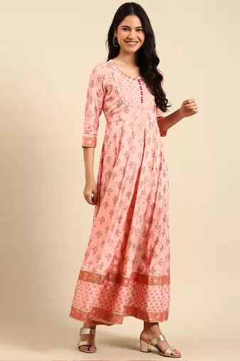 women's ankle length round neck peach floral anarkali kurta comes with duppatta
