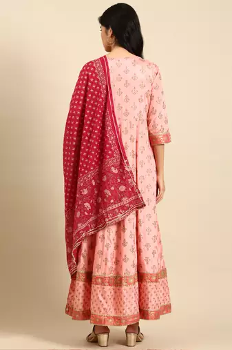 women's ankle length round neck peach floral anarkali kurta comes with duppatta