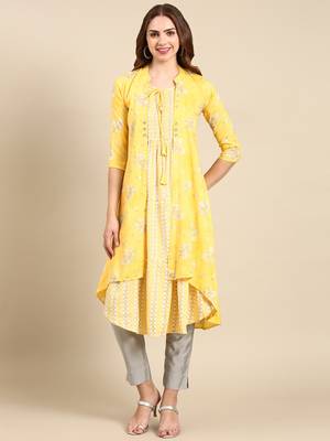 Showoff women's knee length mandarin collar yellow ethnic motifs anarkali kurta 2